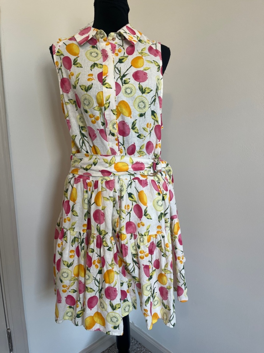 NWOT Cynthia Rowley Fruit Print Linen Blend Sleeveless Dress Belted Size 12